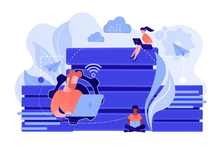 Vector gratuito usuarios con laptops trabajando con base de datos. almacenamiento y organización de datos, acceso y gestión de la información, concepto de protección de big data. vector ilustración aislada.