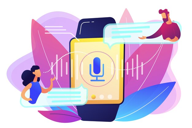 Usuarios que traducen el habla con smartwatch. Traductor digital, traductor portátil, concepto de traductor de idiomas electrónico sobre fondo blanco. Ilustración aislada violeta vibrante brillante
