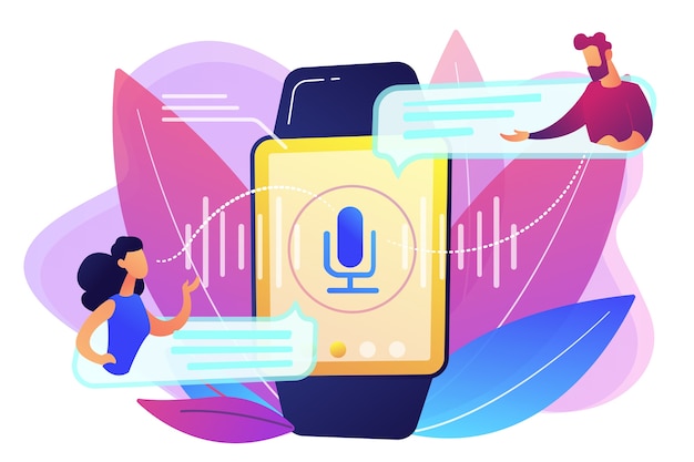Usuarios que traducen el habla con smartwatch. Traductor digital, traductor portátil, concepto de traductor de idiomas electrónico sobre fondo blanco. Ilustración aislada violeta vibrante brillante