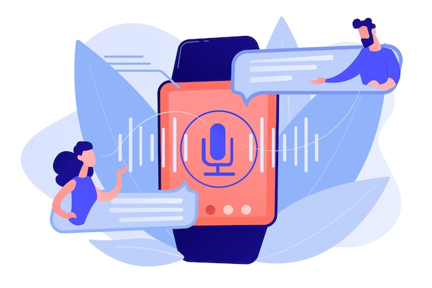 Usuarios que traducen el habla con smartwatch. Traductor digital, traductor portátil, concepto de traductor de idiomas electrónicos Ilustración aislada Pinkish coral bluevector