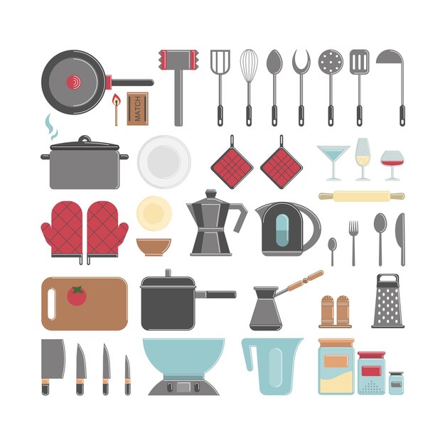 Utensilios de cocina y electrodomésticos sobre fondo blanco Guantes cuchillos olla y más