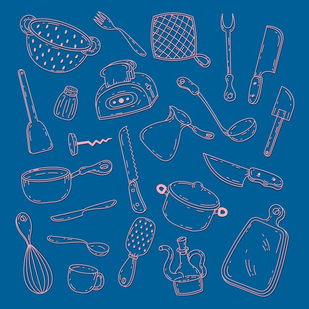 Utensilios de cocina y utensilios dibujados a mano.