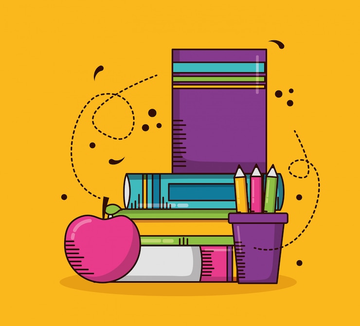 Vector gratuito útiles escolares, libros, lápices, manzana