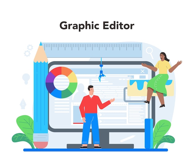 Vector gratuito ux ui designer servicio en línea o plataforma mejora de la interfaz de la aplicación diseño de la interfaz de usuario y desarrollo de la experiencia del usuario editor gráfico en línea ilustración vectorial plana