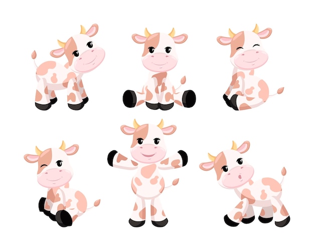 Vaca bebé feliz en diferentes poses conjunto de ilustración de dibujos animados. lindo personaje de ternero con manchas marrones sentado, caminando, sonriendo, guiñando un ojo sobre fondo blanco. concepto de animal doméstico