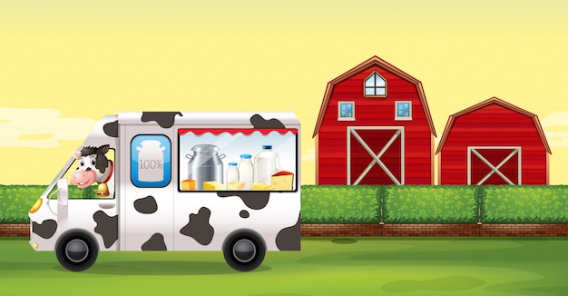Vaca conduciendo camion de leche en la granja