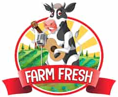 Vector gratuito vaca de dibujos animados con etiqueta fresca de granja