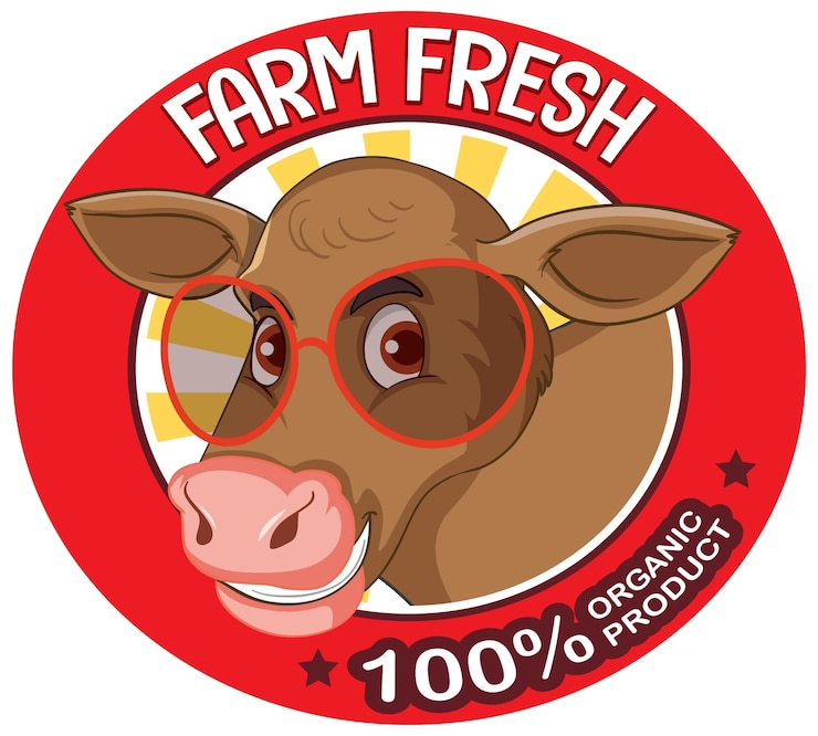 Vector gratuito una vaca con una etiqueta farm fresh