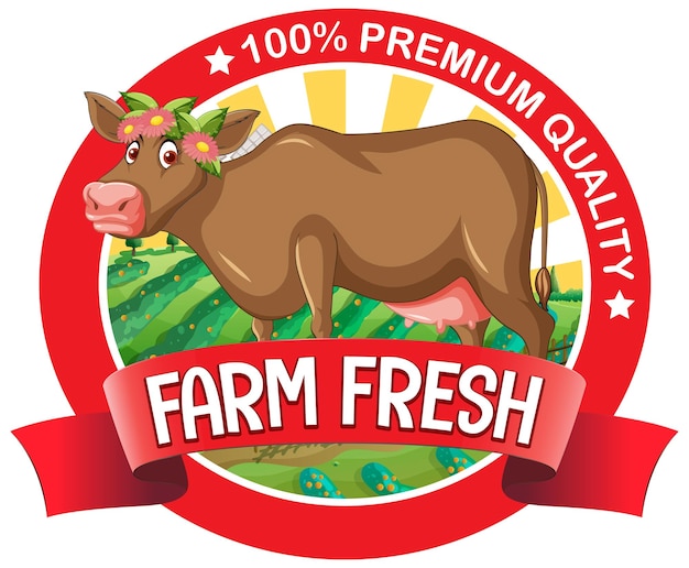 Vector gratuito una vaca con una etiqueta farm fresh