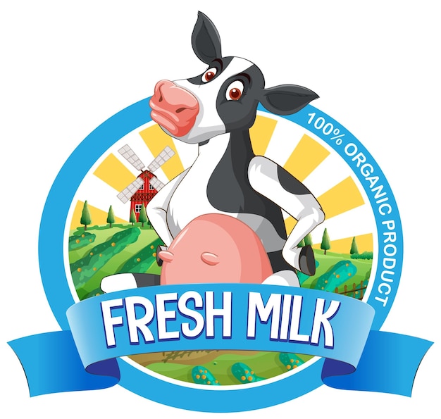 Una vaca con una etiqueta de leche fresca