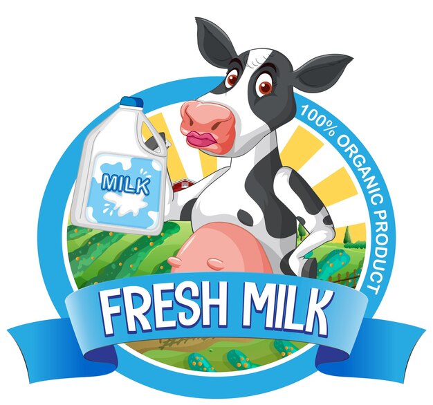 Una vaca con una etiqueta de leche fresca