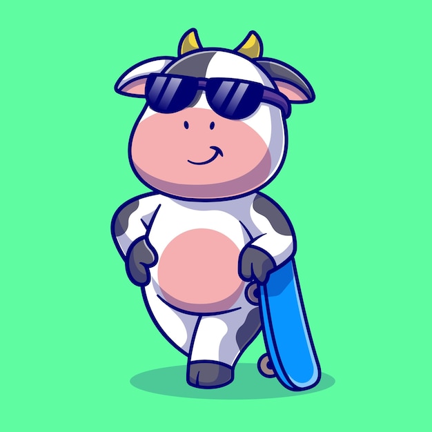 Vaca fresca con ilustración de icono de Vector de dibujos animados de monopatín. Concepto de icono de deporte animal aislado Vector Premium. Estilo de dibujos animados plana