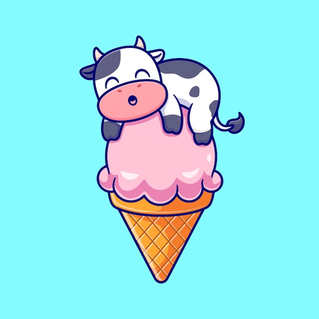 La vaca linda pone en la ilustración del icono del vector de la historieta del cono de helado. concepto de icono de alimento animal aislado