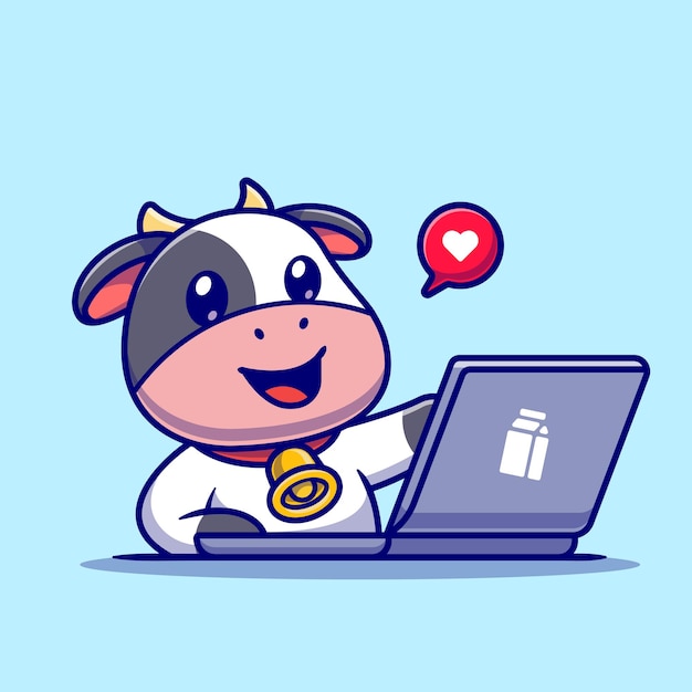 Vaca linda que trabaja en la ilustración del icono del vector de la historieta del ordenador portátil. Concepto de icono de tecnología animal aislado Vector Premium. Estilo de dibujos animados plana