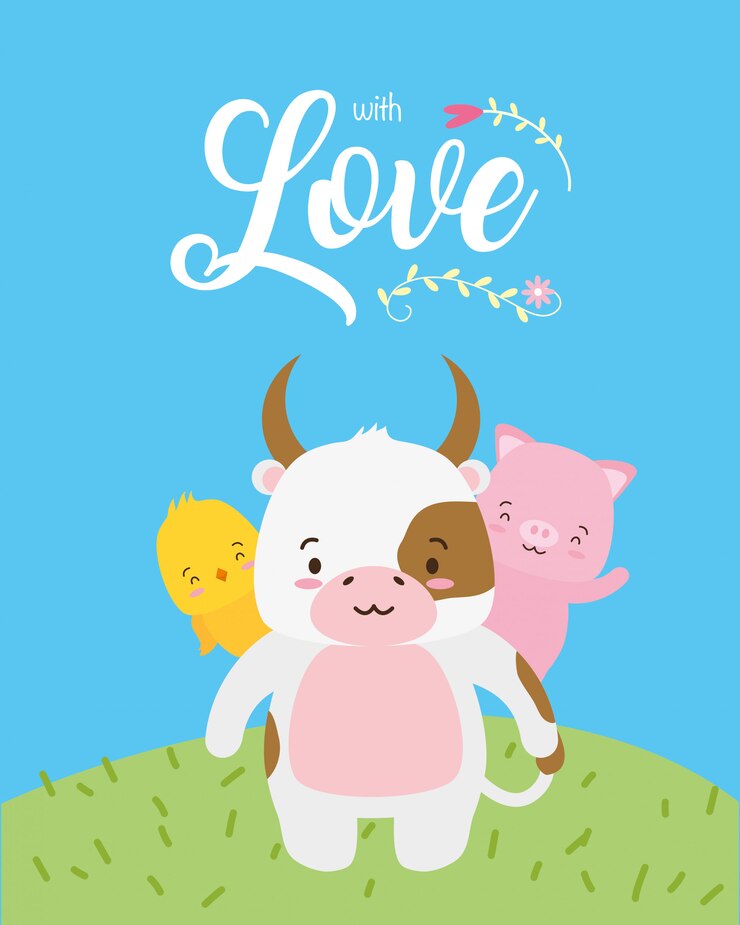 Vector gratuito vaca, pollito y cerditos lindos con palabra de amor, estilo plano