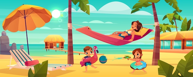 Vacaciones familiares en vector de dibujos animados resort tropical con madre feliz relajante