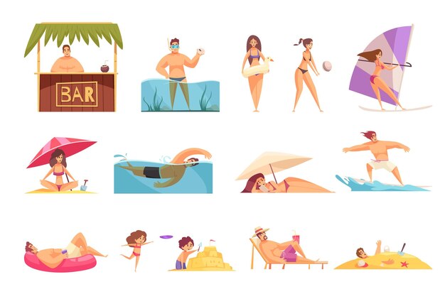 Vacaciones en la playa con imágenes planas aisladas personajes de estilo garabato de personas relajantes en la ilustración vectorial de fondo en blanco