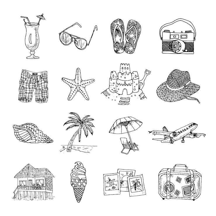 Vector gratuito vacaciones de verano bosquejo isons bosquejo conjunto
