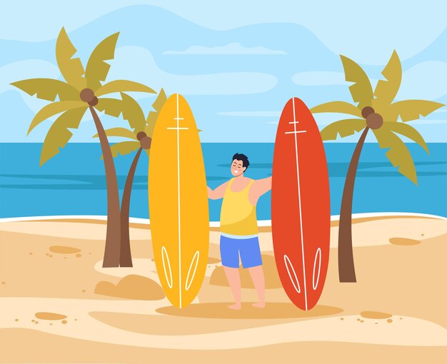 Vacaciones de verano en el fondo plano de South Beach con un personaje masculino feliz sosteniendo dos tablas de surf ilustración vectorial