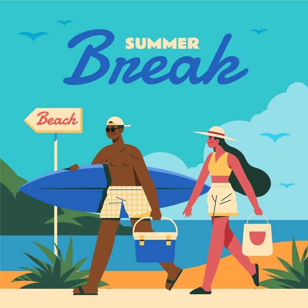 Vacaciones de verano planas con hombre y mujer en la playa.