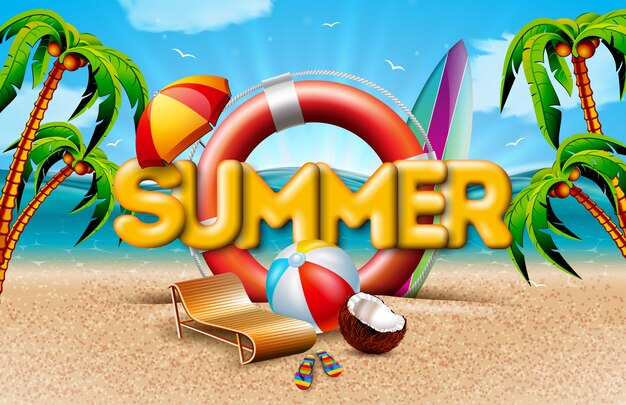 Vacaciones de verano con salvavidas y palmeras