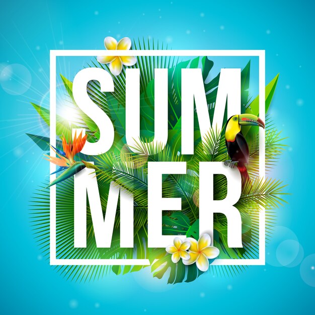 Vacaciones de verano tropical con flor de loro y pájaro tucán