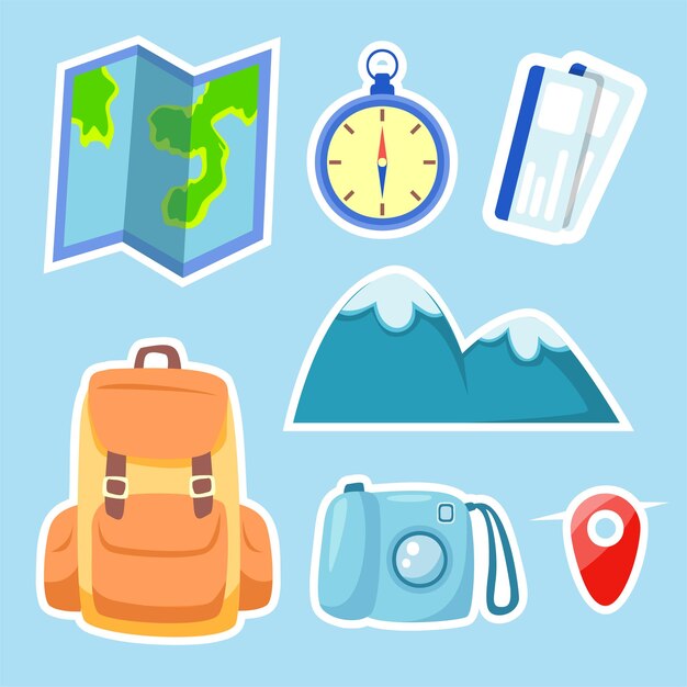 Vacaciones de verano turismo y vacaciones Dibujos animados aventura turismo bolsa y accesorios pegatinas conjunto Suministros de vacaciones de verano viaje senderismo y mochilero elementos de diseño decorativo