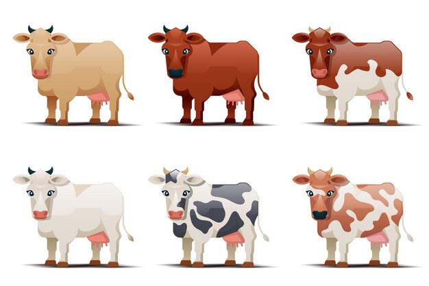 Vacas de diferentes colores sobre fondo blanco. Ilustración de vaca manchada