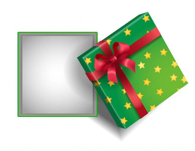 Vector gratuito vacie la caja de regalo verde abierta con las estrellas y la cinta roja.