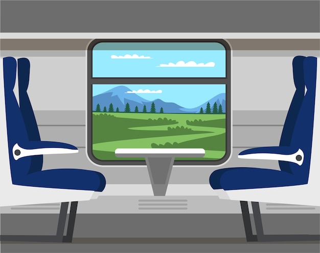 Vagón de compartimento de tren vacío con cómodos asientos dobles y mesa transporte de dibujos animados dentro del interior sin paisaje de viajeros en la ventana del autocar