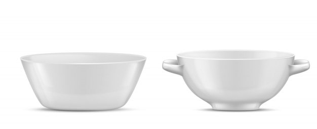 Vajilla 3d de porcelana realista, platos de vidrio blanco para diferentes comidas. ensaladera con mano vector gratuito