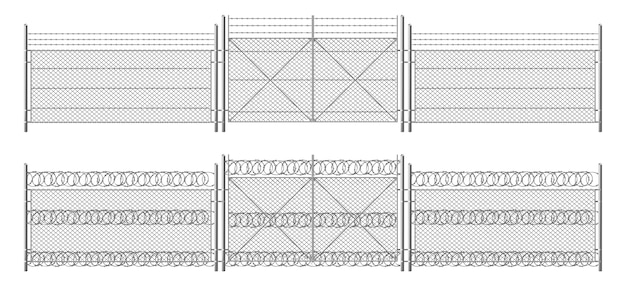 Vector gratuito valla de alambre de púas, rejilla con puerta. cercado de tres segmentos plateado, barrera de protección perimetral separada con postes metálicos de acero