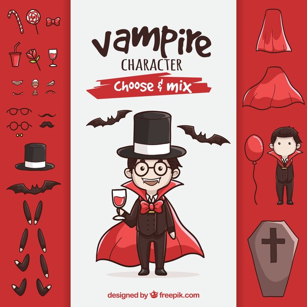 Vampiro con accesorios dibujados a mano 