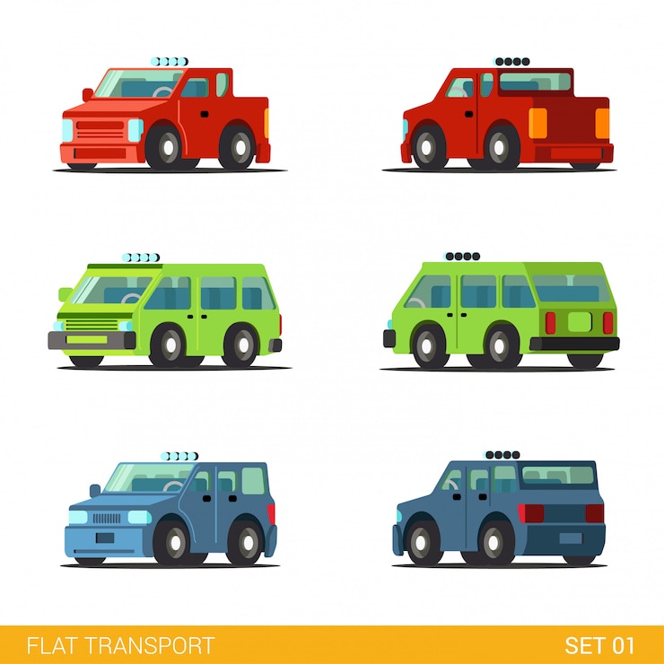 Vector gratuito van pickup sedán hatchback offroad suv coche familiar divertido transporte conjunto plano