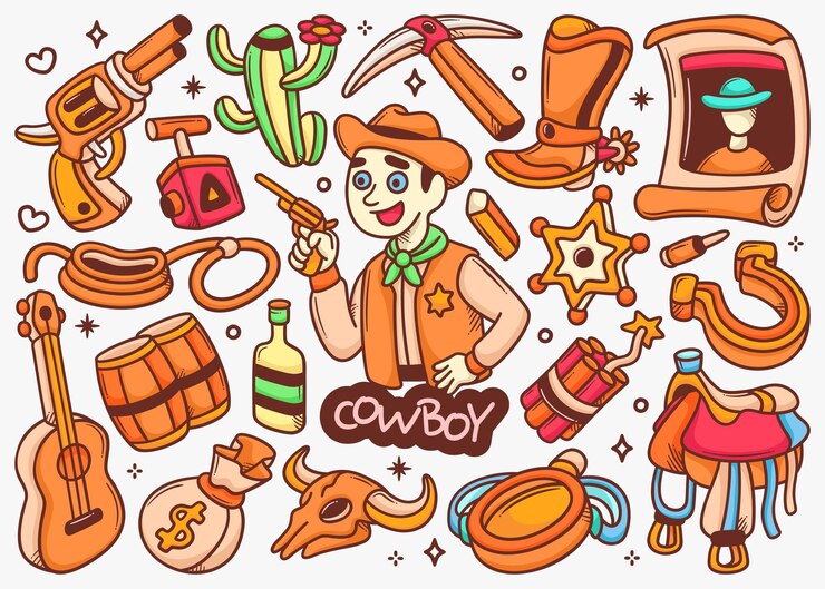 Vector gratuito vaquero, garabato, mano, dibujado, color, vector, colección
