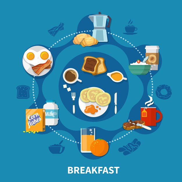 Variantes de platos y bebidas para el delicioso desayuno concepto colorido sobre fondo azul plano