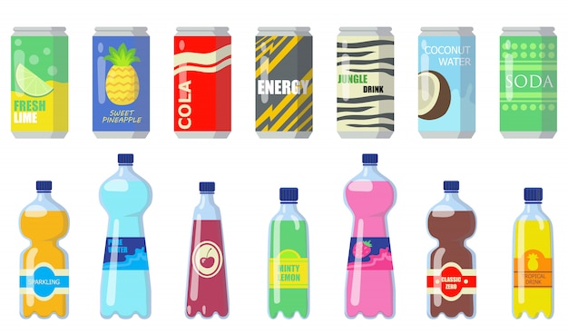 Varias bebidas en latas metálicas y botellas de plástico.