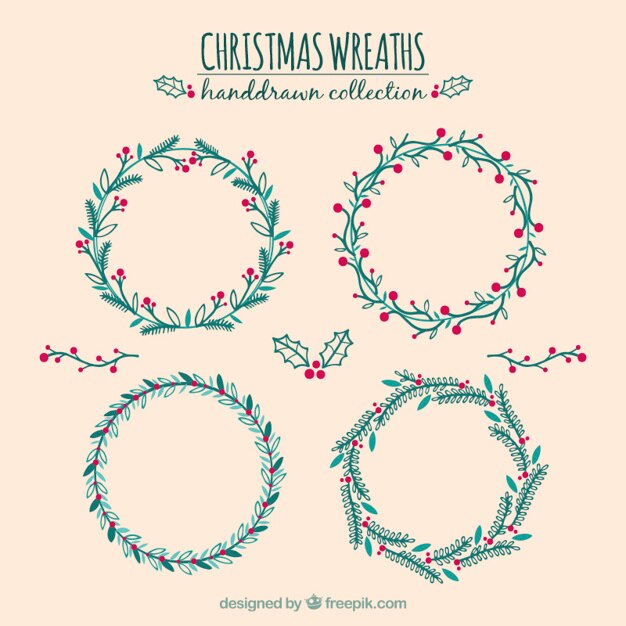 Varias coronas navideñas para decoración dibujadas a mano