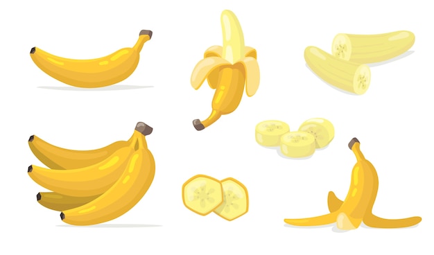 Varias frutas de plátano conjunto de iconos planos. postre natural exótico de dibujos animados aislado colección de ilustraciones vectoriales.