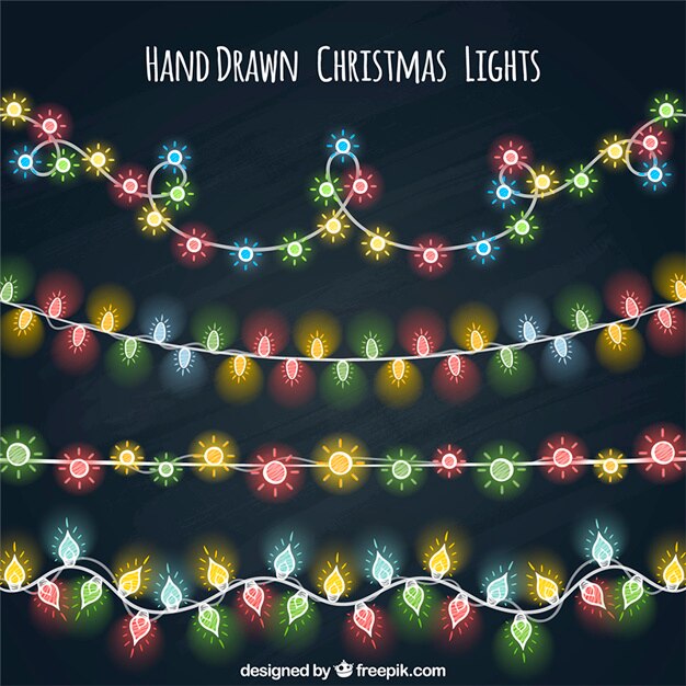 Varias guirnaldas de luces de colores dibujadas a mano 