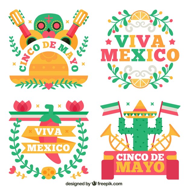 Varias pegatinas de fiesta de mexico en diseño plano
