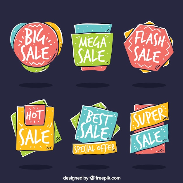 Varias pegatinas de rebajas dibujadas a mano 
