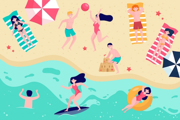 Varias personas relajantes en la ilustración de vector plano de playa