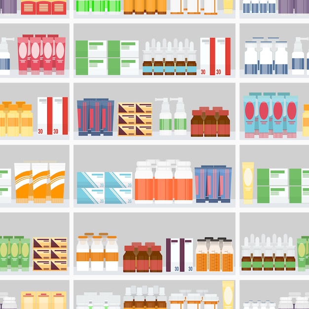 Varias píldoras y medicamentos para la venta se muestran en los estantes de las farmacias. Diseñado en fondo gris transparente.