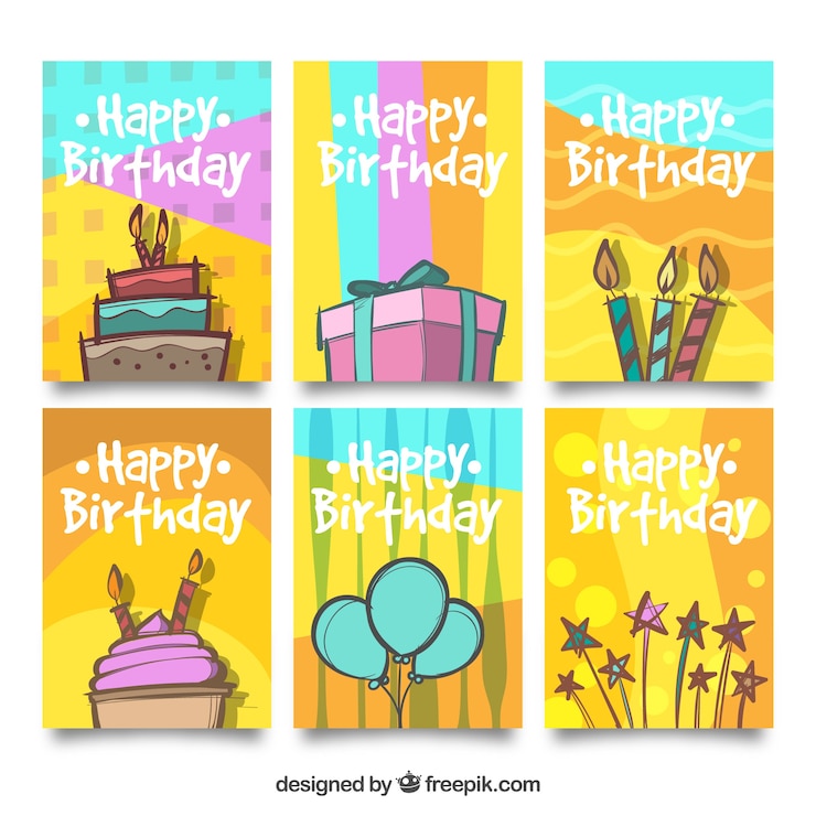 Vector gratuito varias tarjetas de cumpleaños dibujadas a mano 