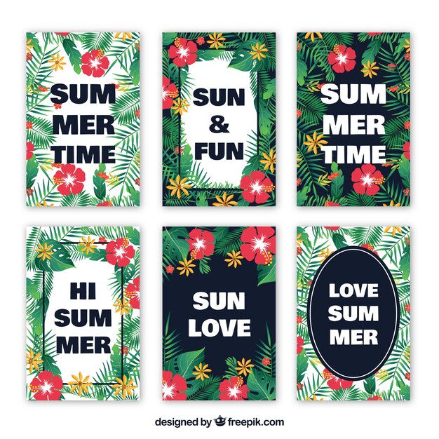 Varias tarjetas de verano con flores y hojas