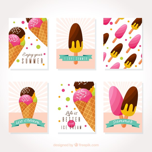 Varias tarjetas de verano con helados y helados