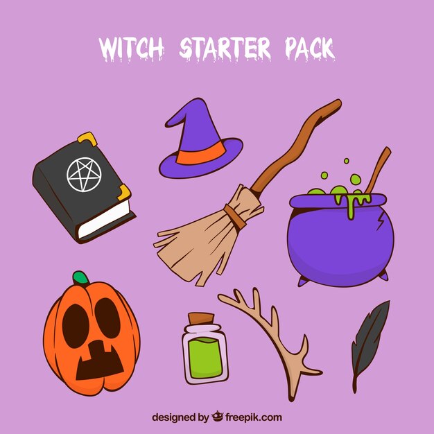 Variedad de accesorios de bruja de halloween 