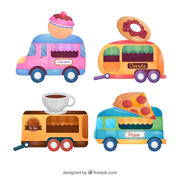 Vector gratuito variedad adorable de food trucks planas