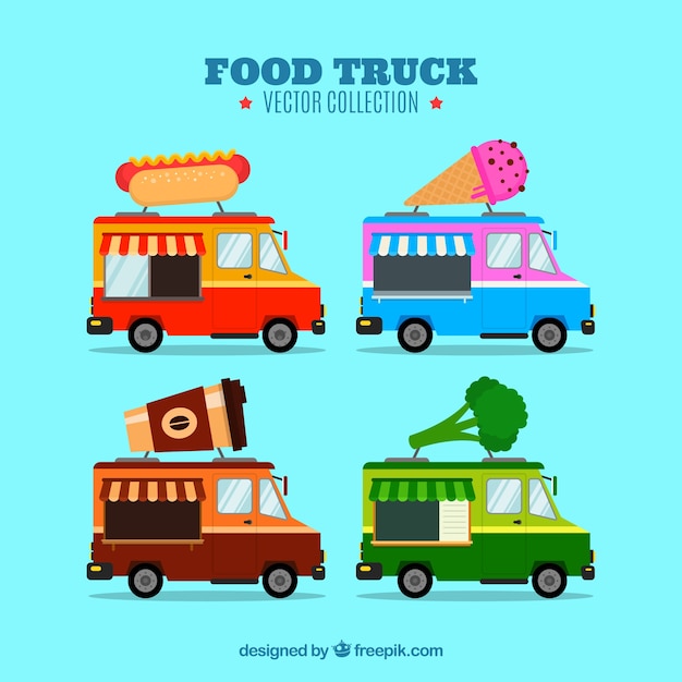 Variedad adorable de food trucks planos